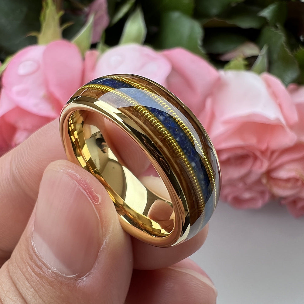 Musical Soul Ring - 8mm 18K Gold Tungsten Ring with Guitar Wood Inlay, Dual Strings & Lapis Lazuli – Men's Wedding Band