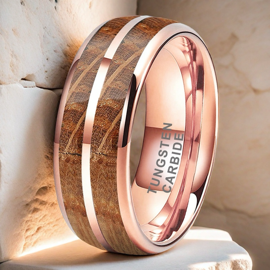 Whiskey Enchantment Ring - 8mm Rose Gold-Plated Tungsten Men's Ring with Dual Whiskey Barrel Wood Inlay – Unique Wedding Band