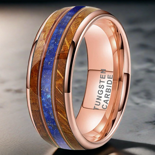 Musical Soul Ring - 8mm Rose Gold Tungsten Ring with Guitar Wood Inlay, Dual Strings & Lapis Lazuli – Men's Wedding Band