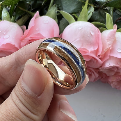 Musical Soul Ring - 8mm Rose Gold Tungsten Ring with Guitar Wood Inlay, Dual Strings & Lapis Lazuli – Men's Wedding Band