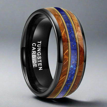 Musical Soul Ring - 8mm Black Tungsten Ring with Guitar Wood Inlay, Dual Strings & Lapis Lazuli – Men's Wedding Band