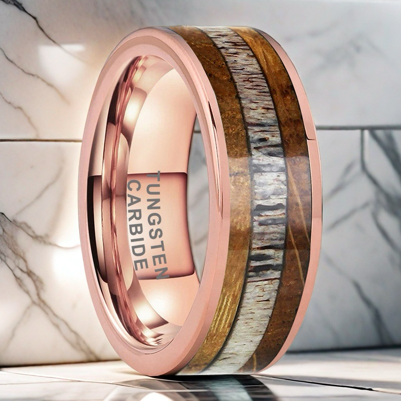 Whiskey Enchantment Ring - 8mm Rose Gold Tungsten Men's Ring with Whiskey Barrel Wood & Deer Antler Inlay – Unique Wedding Band