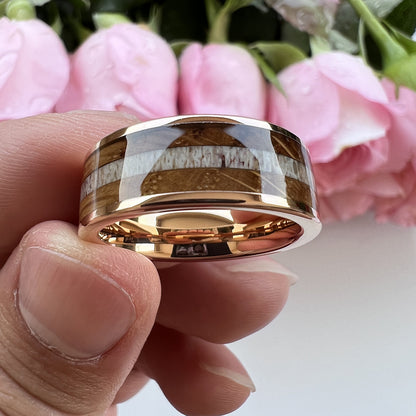 Whiskey Enchantment Ring - 8mm Rose Gold Tungsten Men's Ring with Whiskey Barrel Wood & Deer Antler Inlay – Unique Wedding Band