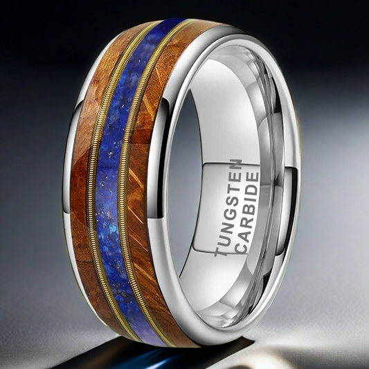 Musical Soul Ring - 8mm Platinum-Plated Tungsten Ring with Guitar Wood Inlay, Dual Strings & Lapis Lazuli – Men's Wedding Band