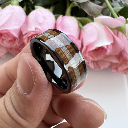 Whiskey Enchantment Ring - 8mm Black Tungsten Men's Ring with Whiskey Barrel Wood & Antler Inlay – Unique Wedding Band