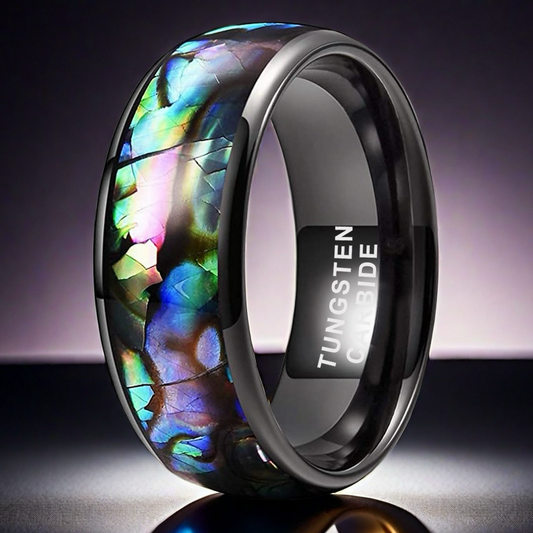 Nautical Voyage Ring - 4mm/6mm/8mm Black Tungsten Couple Rings with Abalone Shell Inlay – Matching Promise Rings