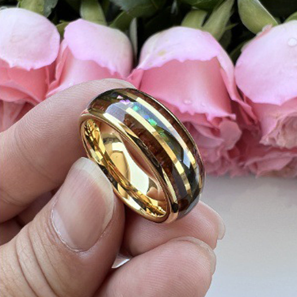 Nautical Voyage Ring - 8mm Gold-Plated Tungsten Men's Ring with Rosewood Inlay & Shell – Unique Wedding Band