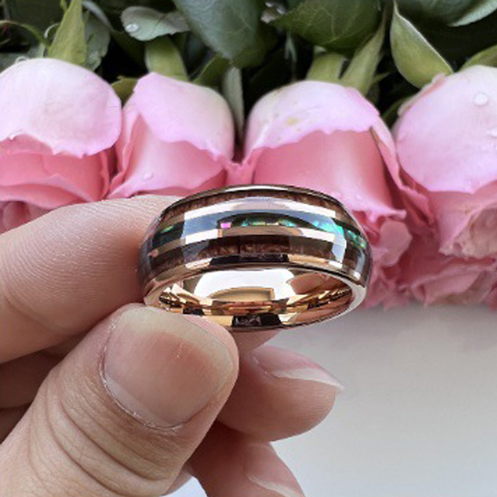 Nautical Voyage Ring - 8mm Rose Gold-Plated Tungsten Men's Ring with Rosewood Inlay & Shell – Unique Wedding Band