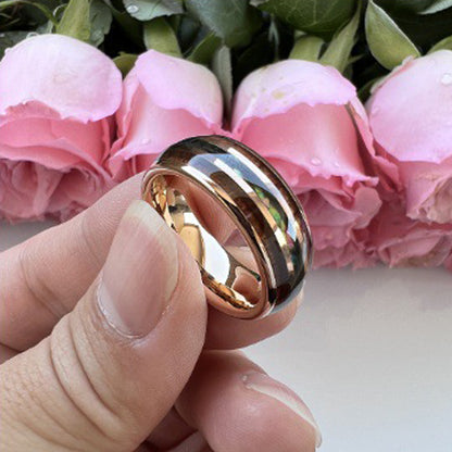 Nautical Voyage Ring - 8mm Rose Gold-Plated Tungsten Men's Ring with Rosewood Inlay & Shell – Unique Wedding Band