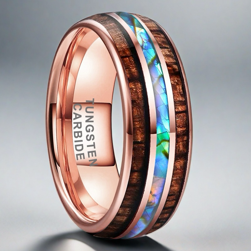 Nautical Voyage Ring - 8mm Rose Gold-Plated Tungsten Men's Ring with Rosewood Inlay & Shell – Unique Wedding Band