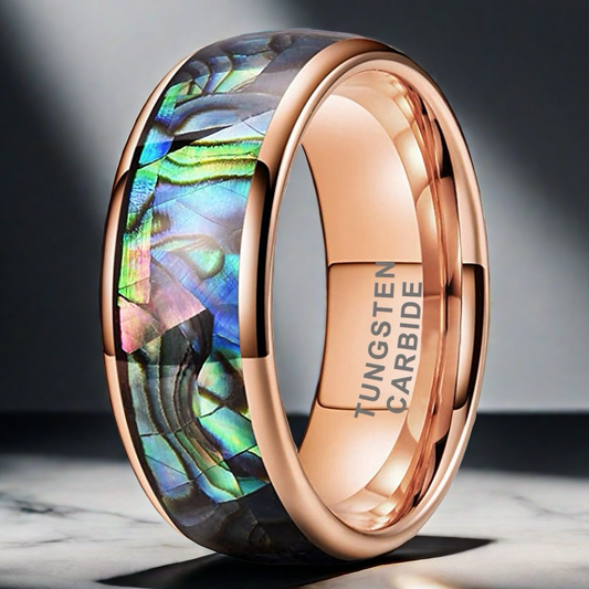 Nautical Voyage Ring - 4/6/8mm Rose Gold-Plated Tungsten Couple's Ring with Abalone Shell Inlay – Unique Matching Wedding Bands