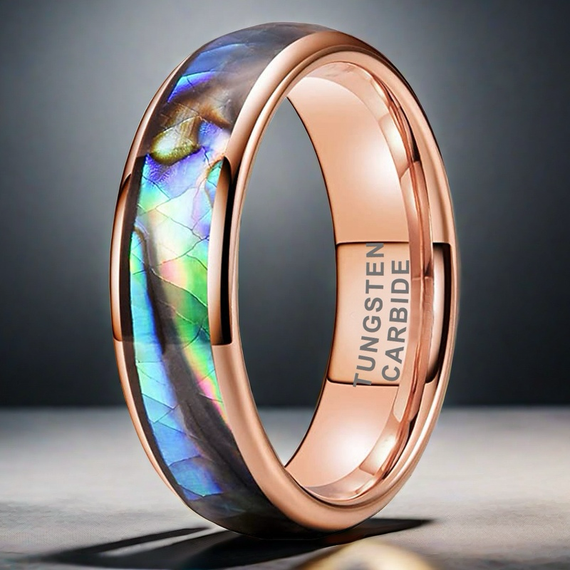 Nautical Voyage Ring - 4/6/8mm Rose Gold-Plated Tungsten Couple's Ring with Abalone Shell Inlay – Unique Matching Wedding Bands