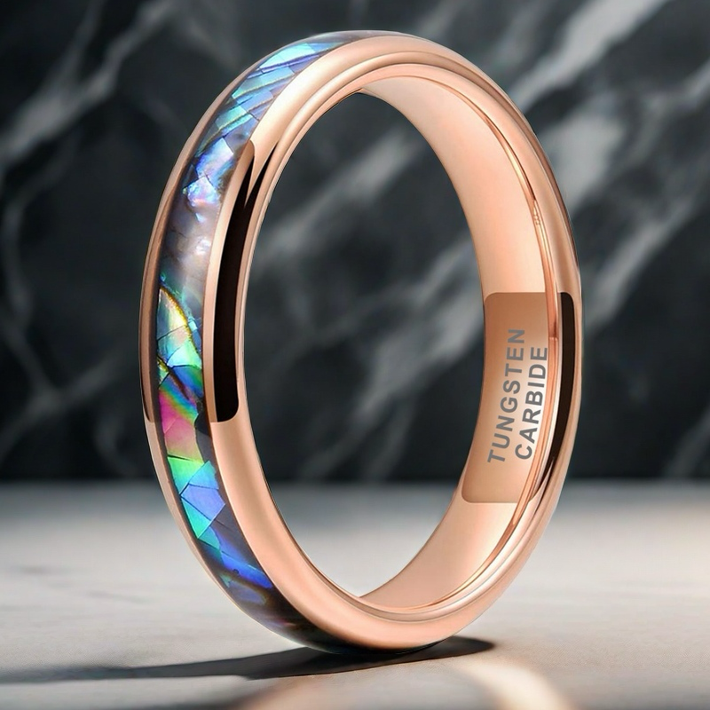 Nautical Voyage Ring - 4/6/8mm Rose Gold-Plated Tungsten Couple's Ring with Abalone Shell Inlay – Unique Matching Wedding Bands