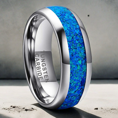 Nautical Voyage Ring - 4mm/6mm/8mm Platinum-Plated Tungsten Couple's Ring with 3A Blue Opal Inlay – Matching Promise Rings