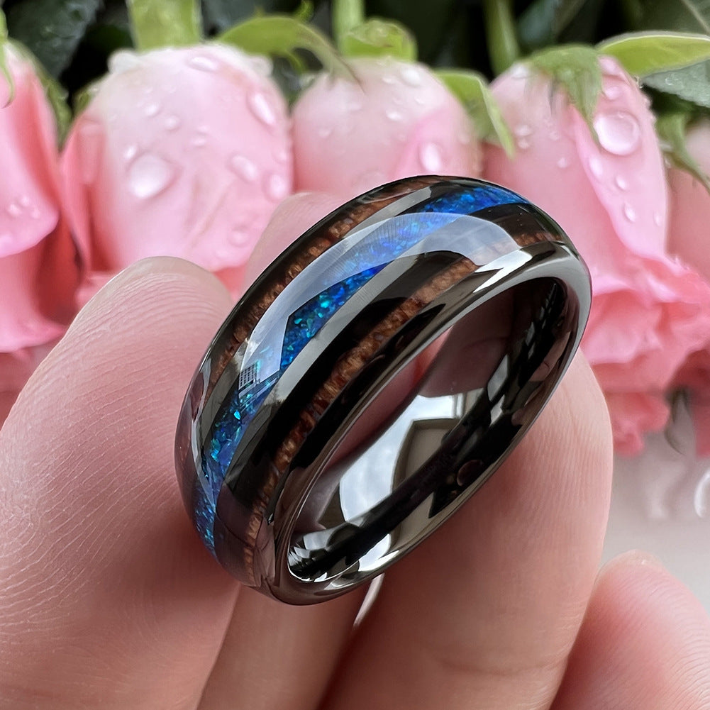 Nautical Voyage Ring - 8mm Gunmetal Tungsten Men's Ring with Rosewood Inlay & 3A Blue Opal – Unique Wedding Band