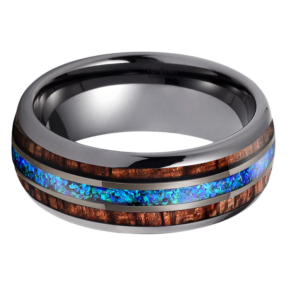 Nautical Voyage Ring - 8mm Gunmetal Tungsten Men's Ring with Rosewood Inlay & 3A Blue Opal – Unique Wedding Band