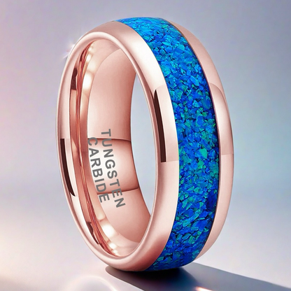 Nautical Voyage Ring - 6mm/8mm Rose Gold-Plated Tungsten Couples Ring with 3A Blue Opal Inlay – Unique Matching Wedding Bands