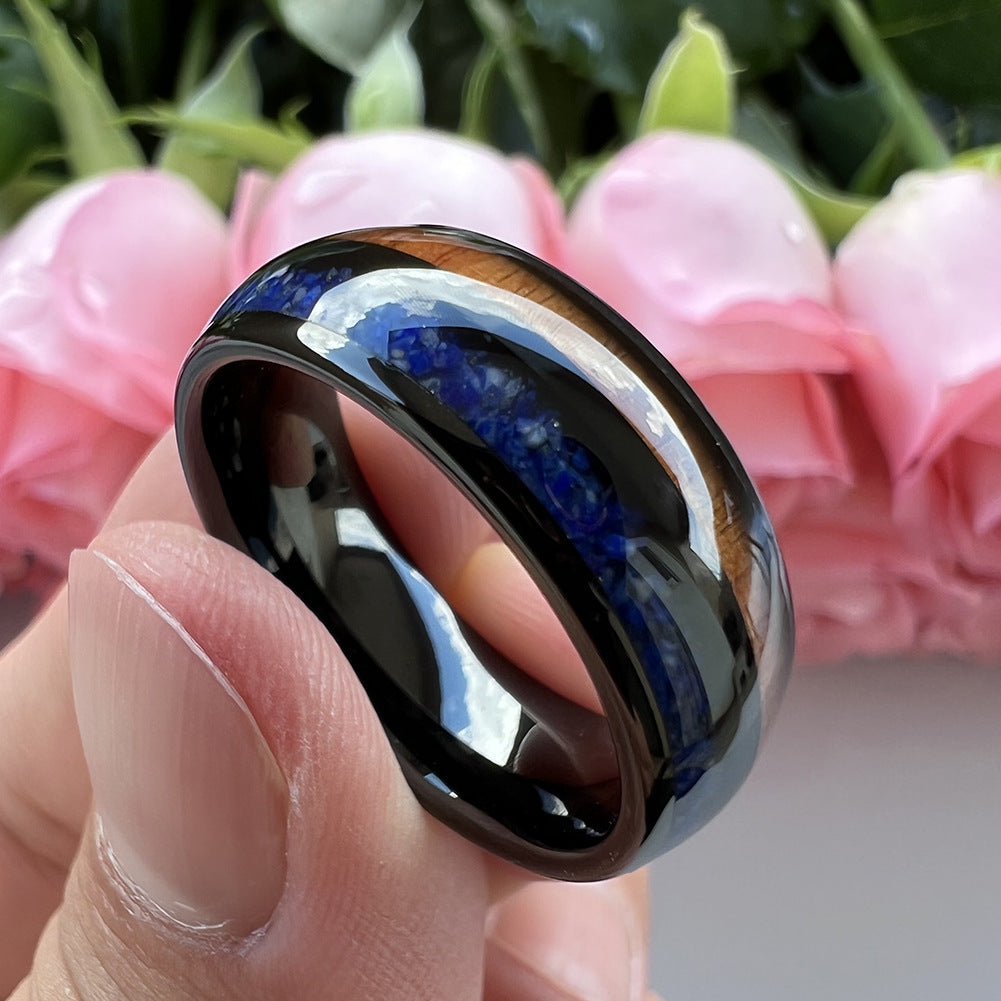 Heritage Architecture Ring - 8mm Black Tungsten Ring with Dual Grooves Inlay of Lapis Lazuli & Rosewood – Men's Wedding Band