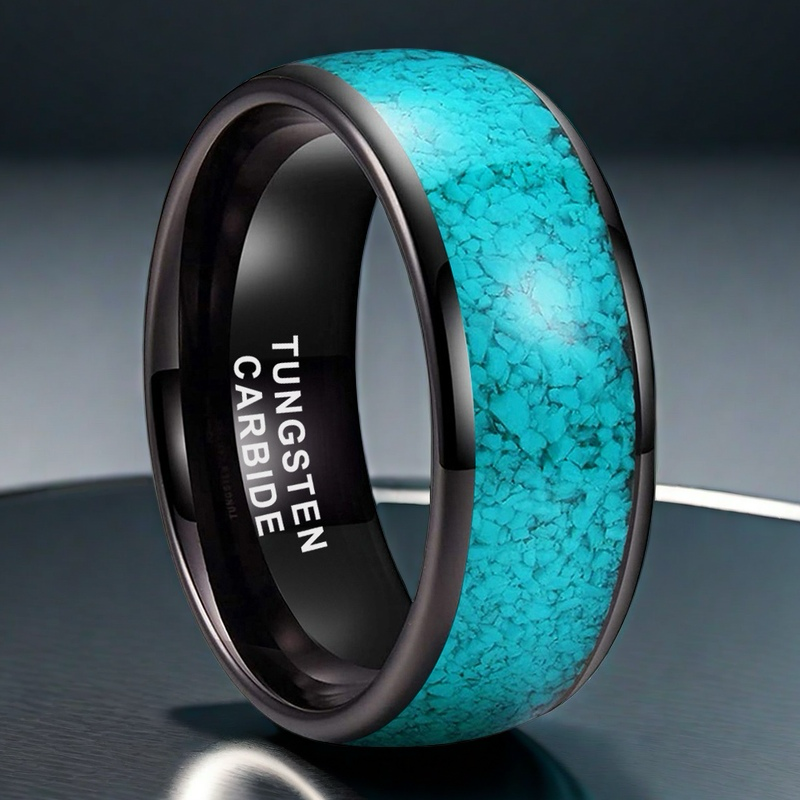 Heritage Architecture Ring - 4/6/8mm Black Tungsten Couple Rings with Crushed Turquoise Inlay