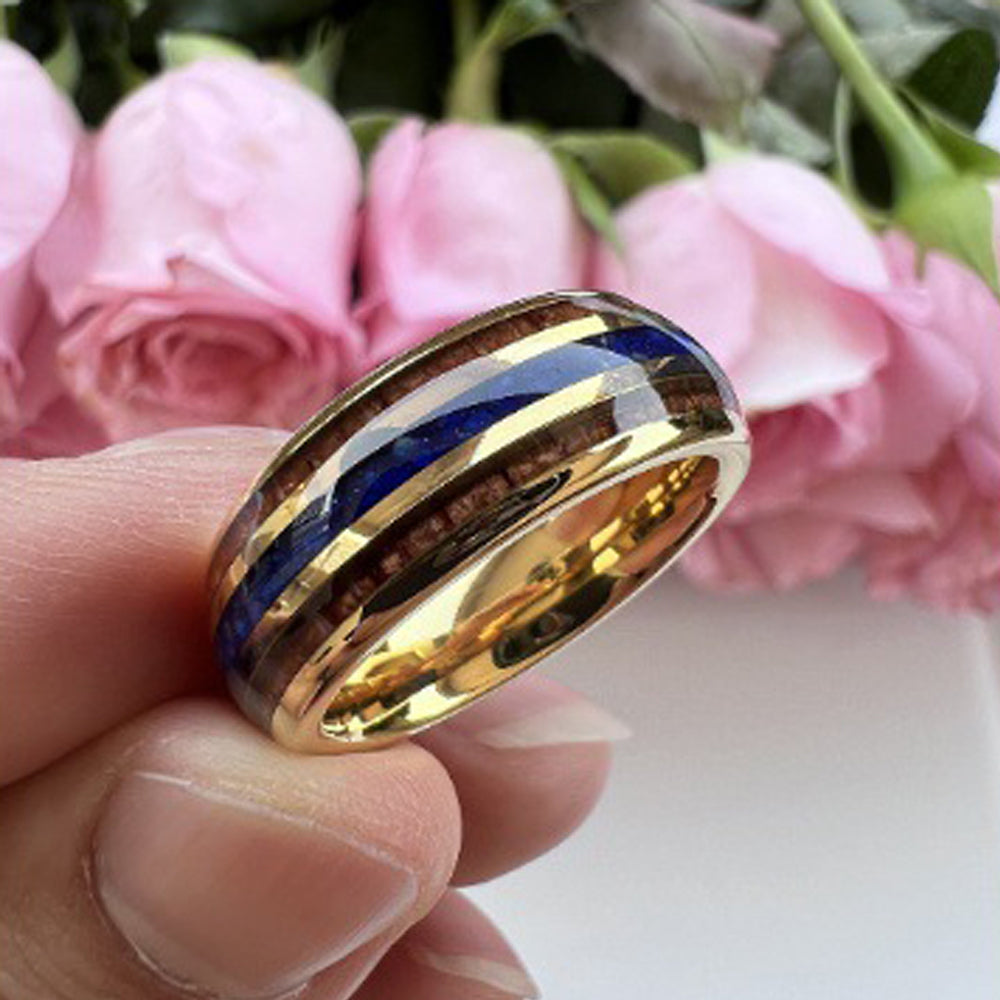 Heritage Architecture Ring - 8mm 18K Gold Tungsten Ring with Triple Grooves Inlay of Lapis Lazuli & Rosewood – Men's Wedding Band