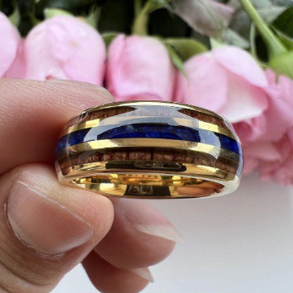 Heritage Architecture Ring - 8mm 18K Gold Tungsten Ring with Triple Grooves Inlay of Lapis Lazuli & Rosewood – Men's Wedding Band