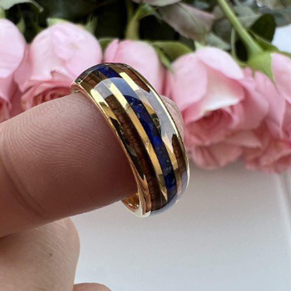 Heritage Architecture Ring - 8mm 18K Gold Tungsten Ring with Triple Grooves Inlay of Lapis Lazuli & Rosewood – Men's Wedding Band