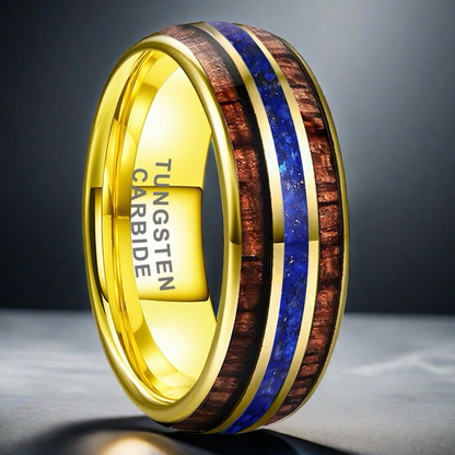 Heritage Architecture Ring - 8mm 18K Gold Tungsten Ring with Triple Grooves Inlay of Lapis Lazuli & Rosewood – Men's Wedding Band