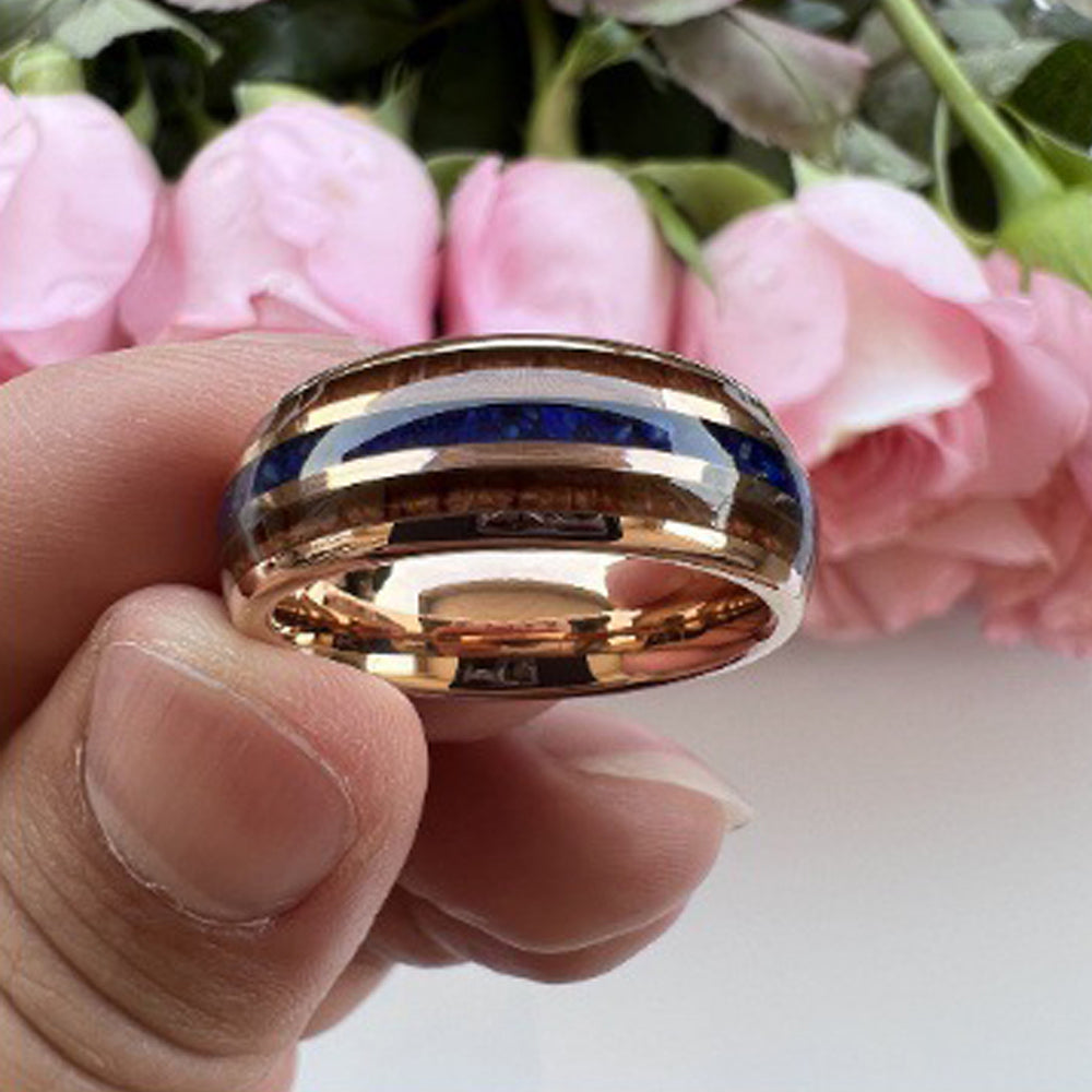 Heritage Architecture Ring - 8mm Rose Gold Tungsten Ring with Triple Grooves Inlay of Lapis Lazuli & Rosewood – Men's Wedding Band