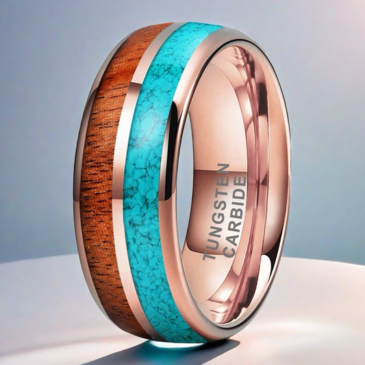 Heritage Architecture Ring - 8mm Rose Gold Tungsten Ring with Dual Inlays of Turquoise & Rosewood – Men's Wedding Band