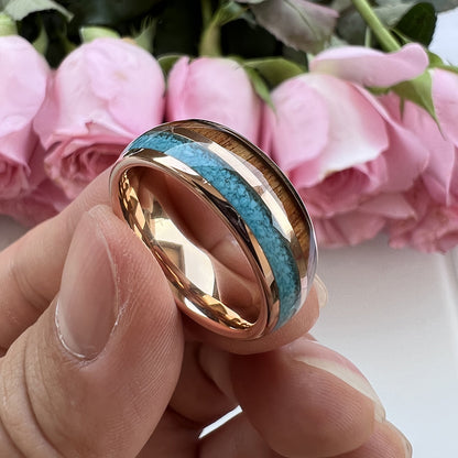 Heritage Architecture Ring - 8mm Rose Gold Tungsten Ring with Dual Inlays of Turquoise & Rosewood – Men's Wedding Band