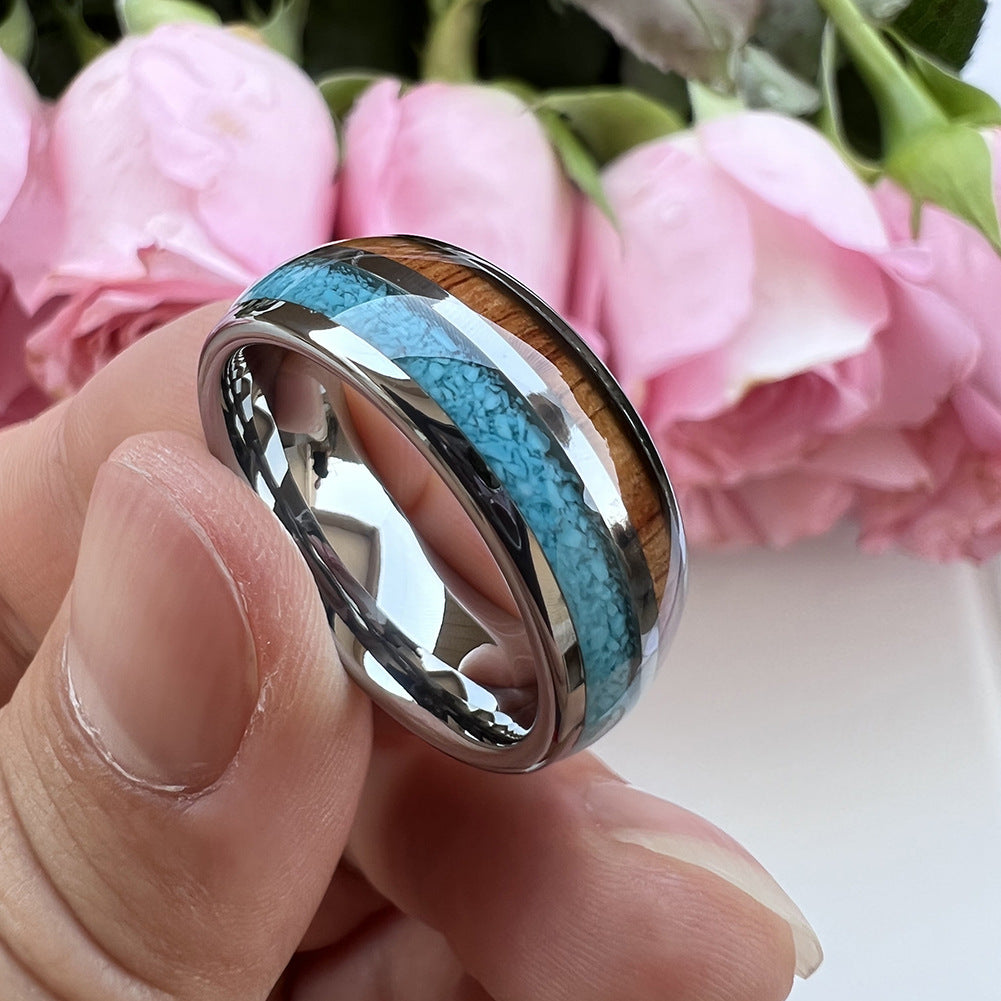 Heritage Architecture Ring - 8mm Platinum Tungsten Ring with Dual Inlays of Rosewood & Crushed Turquoise – Men's Wedding Band