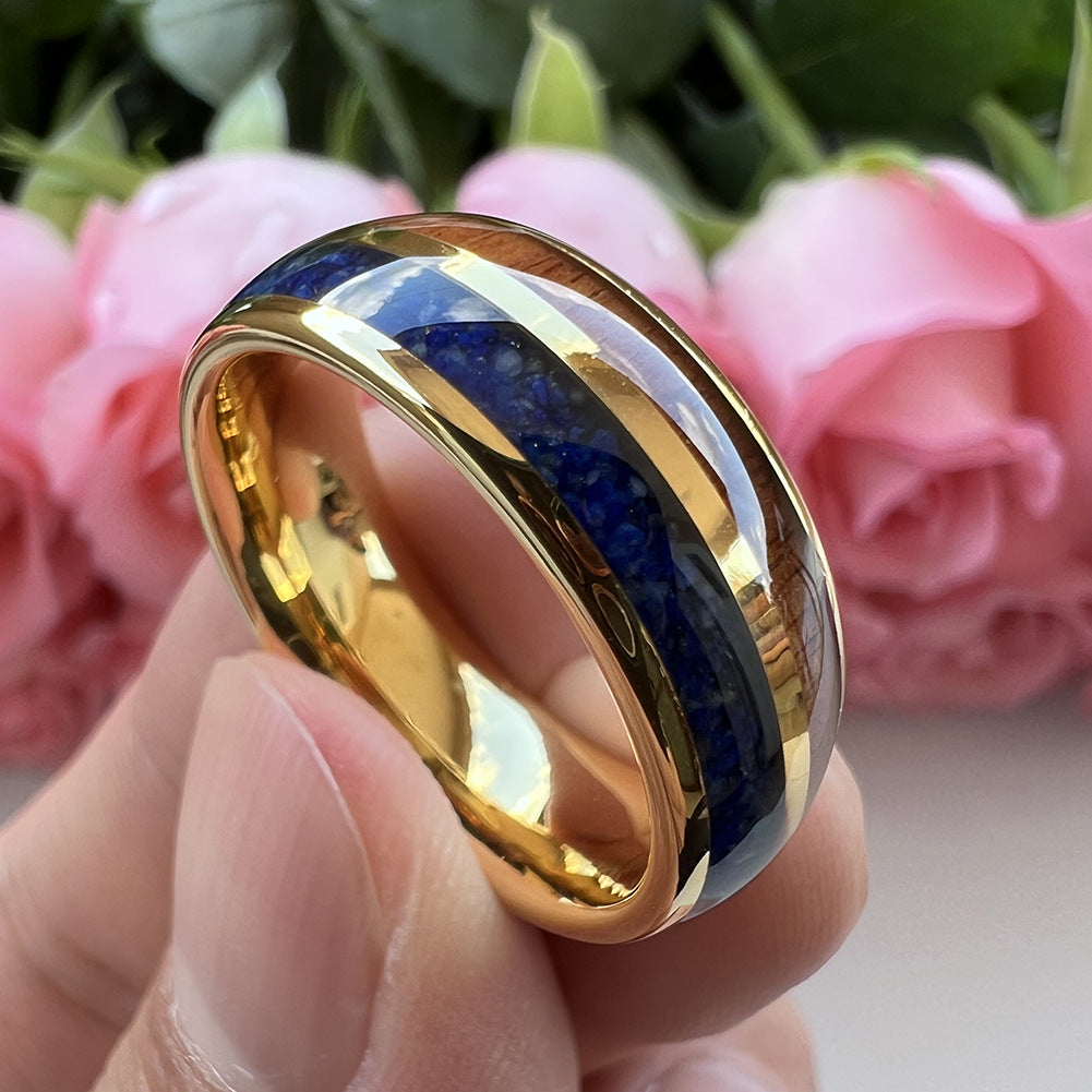 Heritage Architecture Ring - 8mm 18K Gold Tungsten Ring with Dual Grooves Inlay of Lapis Lazuli & Rosewood – Men's Wedding Band