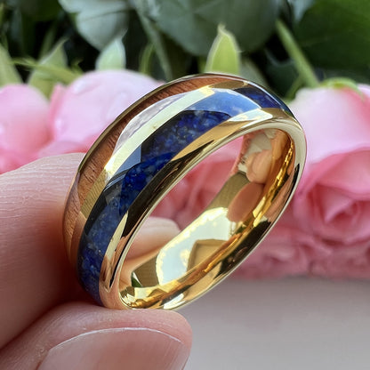 Heritage Architecture Ring - 8mm 18K Gold Tungsten Ring with Dual Grooves Inlay of Lapis Lazuli & Rosewood – Men's Wedding Band