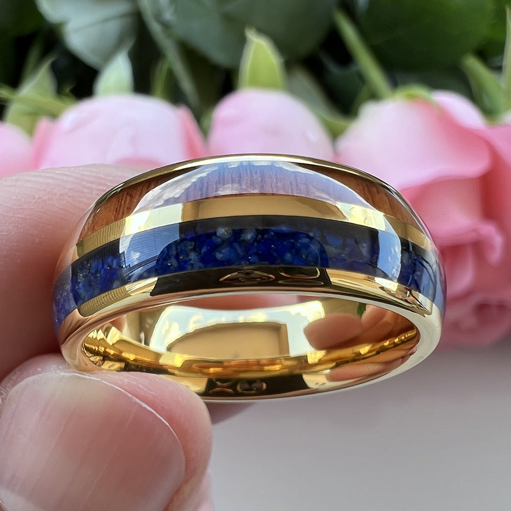 Heritage Architecture Ring - 8mm 18K Gold Tungsten Ring with Dual Grooves Inlay of Lapis Lazuli & Rosewood – Men's Wedding Band