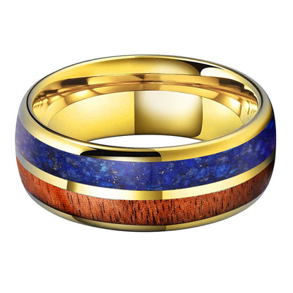 Heritage Architecture Ring - 8mm 18K Gold Tungsten Ring with Dual Grooves Inlay of Lapis Lazuli & Rosewood – Men's Wedding Band