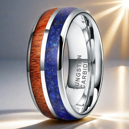 Heritage Architecture Ring - 8mm White Gold Tungsten Ring with Dual Grooves Inlay of Lapis Lazuli & Rosewood – Men's Wedding Band