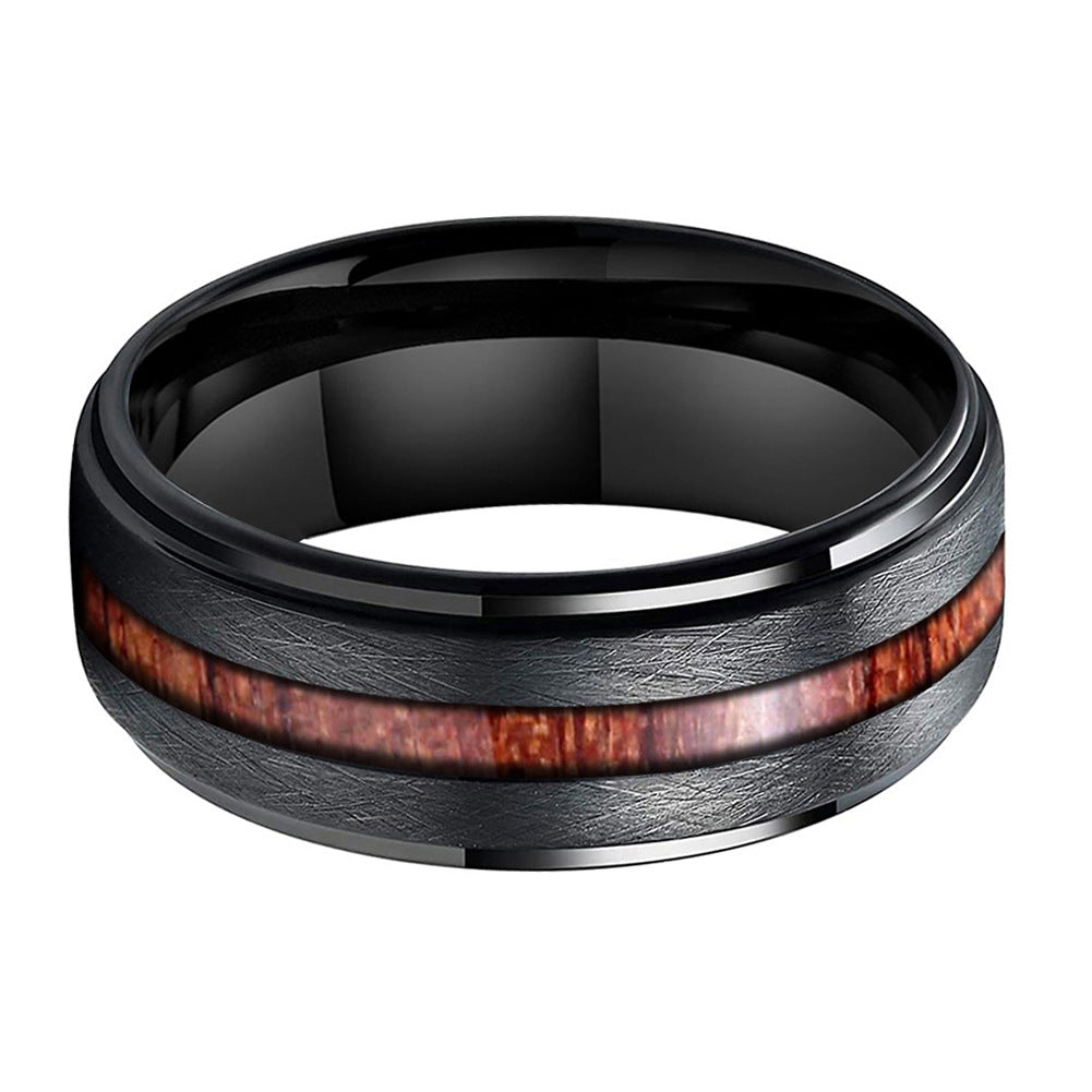 Heritage Architecture Ring - 8mm Black Tungsten Ring with Sandstone Finish & Rosewood Inlay – Men's Wedding Band