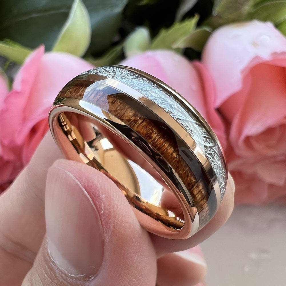 Heritage Architecture Ring - 8mm Rose Gold Tungsten Ring with Dual Silver Inlay & Rosewood – Men's Wedding Band