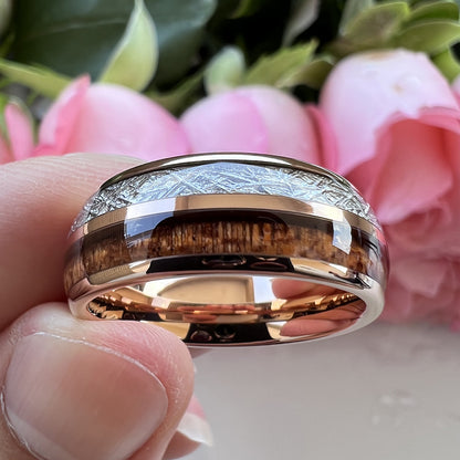 Heritage Architecture Ring - 8mm Rose Gold Tungsten Ring with Dual Silver Inlay & Rosewood – Men's Wedding Band