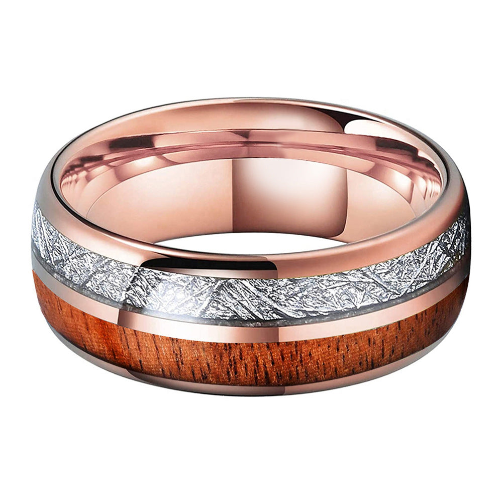 Heritage Architecture Ring - 8mm Rose Gold Tungsten Ring with Dual Silver Inlay & Rosewood – Men's Wedding Band