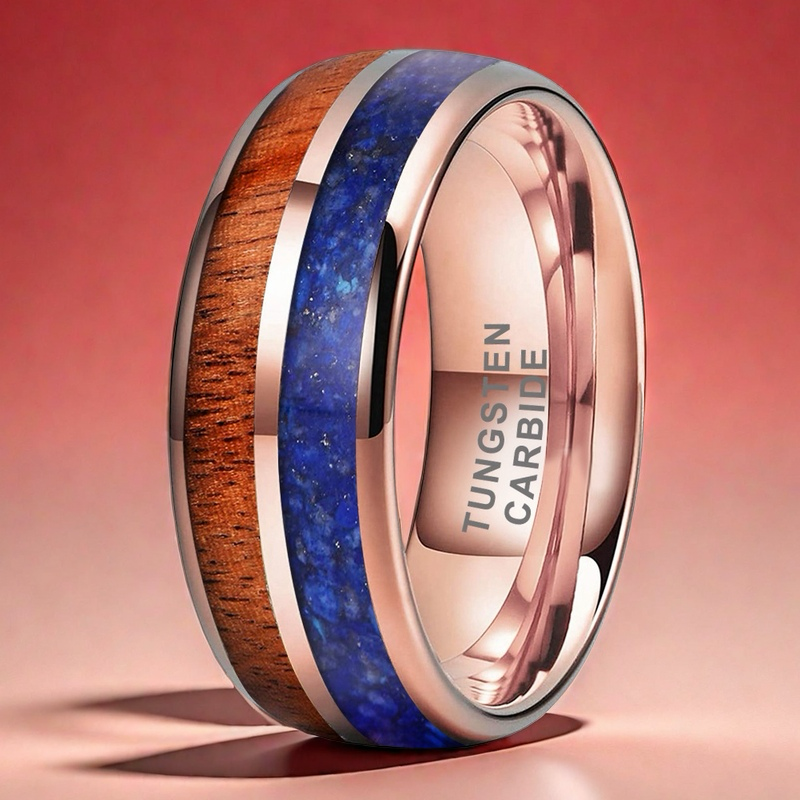 Heritage Architecture Ring - 8mm Rose Gold Tungsten Ring with Dual Grooves Inlay of Lapis Lazuli & Rosewood – Men's Wedding Band