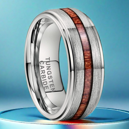 Heritage Architecture Ring - 8mm Platinum Tungsten Ring with Sandstone Finish & Rosewood Inlay – Men's Wedding Band