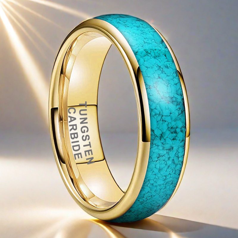 Heritage Architecture Ring - 4/6/8mm 18K Gold-Plated Tungsten Couple Rings with Crushed Turquoise Inlay