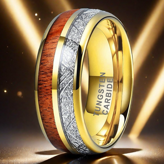 Heritage Architecture Ring - 8mm 18K Gold-Plated Tungsten Ring with Dual Groove Inlay, Silver Wire & Rosewood – Men's Wedding Band