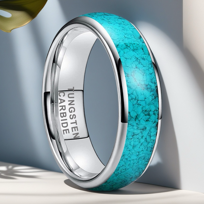 Heritage Architecture Ring - 4/6/8mm Platinum-Plated Tungsten Couple Rings with Crushed Turquoise Inlay