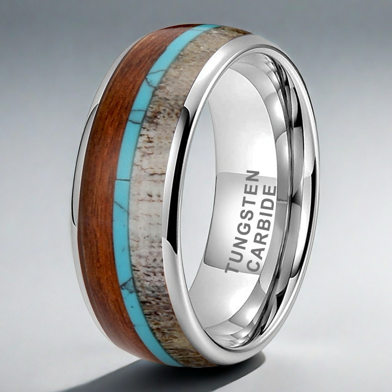 Heritage Architecture Ring - 8mm White Gold-Plated Tungsten Men's Ring with Reclaimed Wood, Deer Antler & Turquoise Inlay