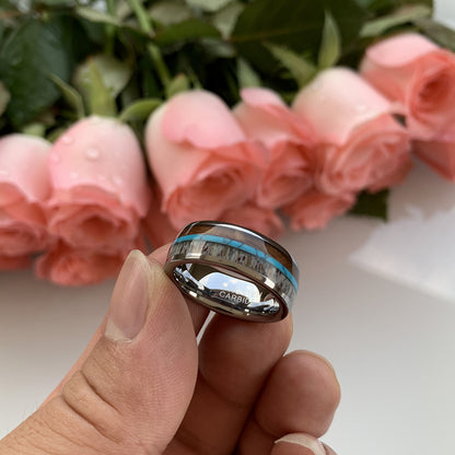 Heritage Architecture Ring - 8mm White Gold-Plated Tungsten Men's Ring with Reclaimed Wood, Deer Antler & Turquoise Inlay