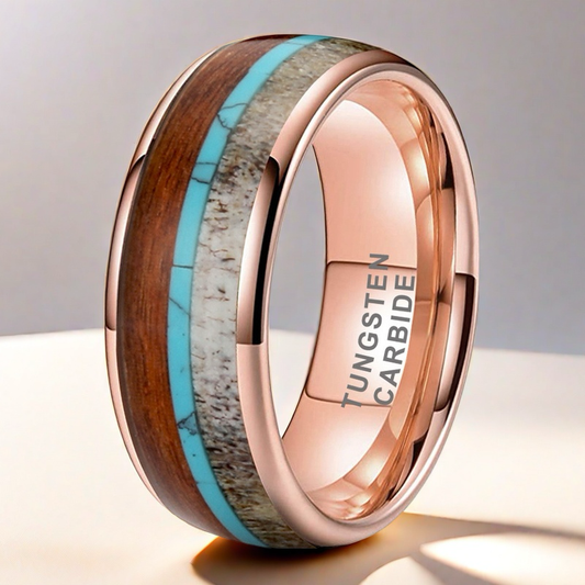 Heritage Architecture Ring - 8mm Rose Gold-Plated Tungsten Men's Ring with Reclaimed Wood, Deer Antler & Turquoise Inlay