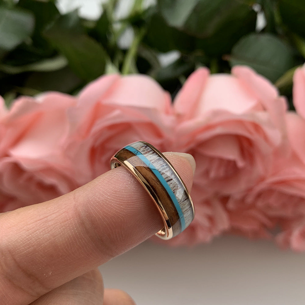 Heritage Architecture Ring - 8mm Rose Gold-Plated Tungsten Men's Ring with Reclaimed Wood, Deer Antler & Turquoise Inlay