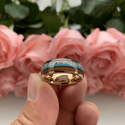 Heritage Architecture Ring - 8mm Rose Gold-Plated Tungsten Men's Ring with Reclaimed Wood, Deer Antler & Turquoise Inlay